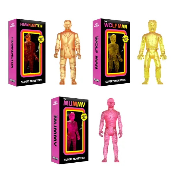 Super7 Universal Monsters^Universal Monsters Reaction Figures - Frankenstein, The Mummy, The Wolf Man (Luminators)
